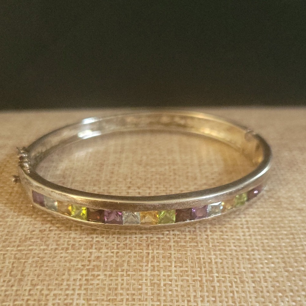 Sterling Silver Multi Gemstone Hinged Bangle Bracelet Size 7 Cottagecore